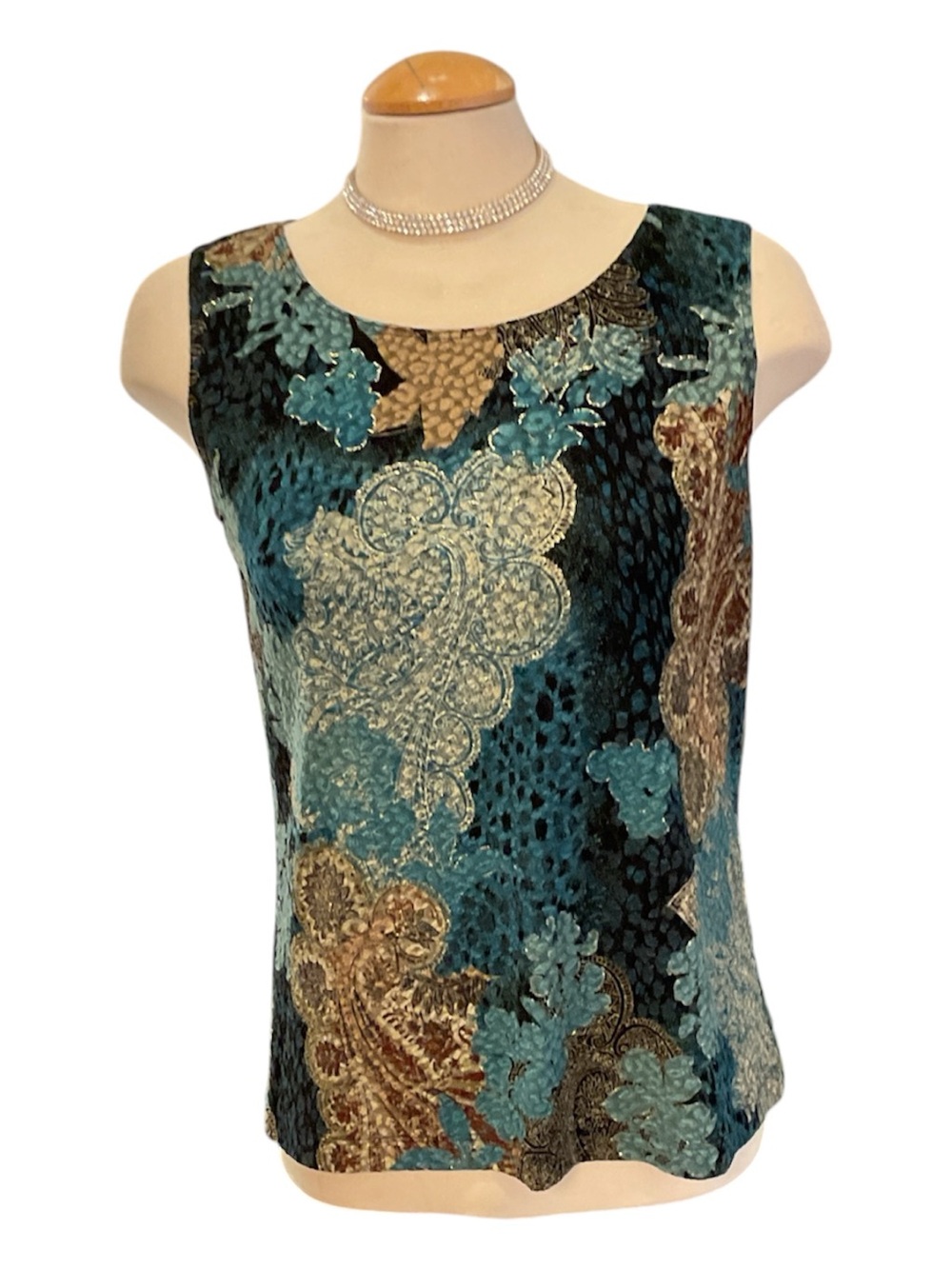 WHITE STAG Teal and Gold Thread Floral Sleeveless Women’s Top Size Large